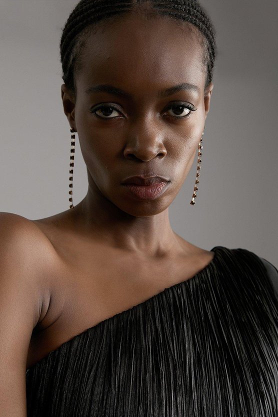 Karen Millen Figure Form Bandage One Shoulder Fringe Mini Knit Dress Black