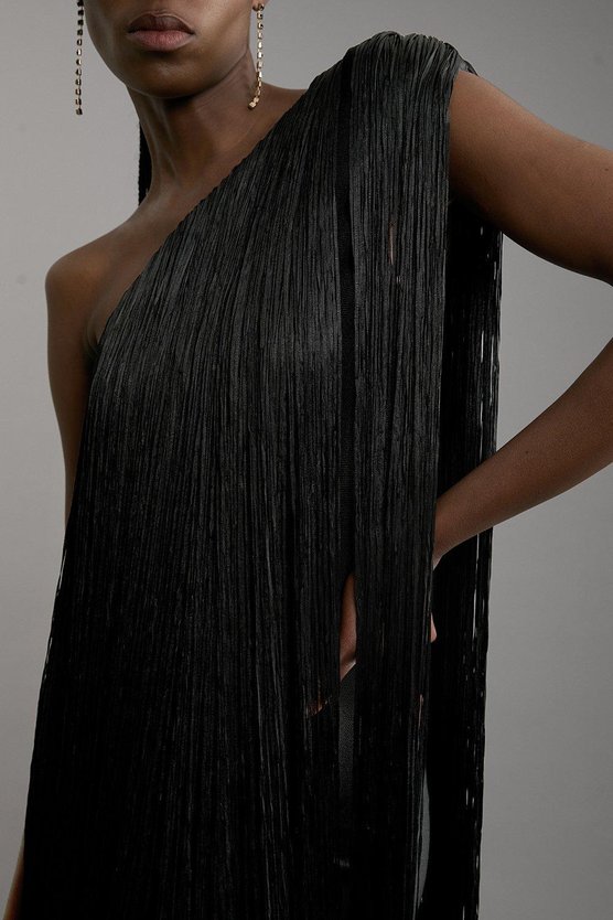 Karen Millen Figure Form Bandage One Shoulder Fringe Mini Knit Dress Black