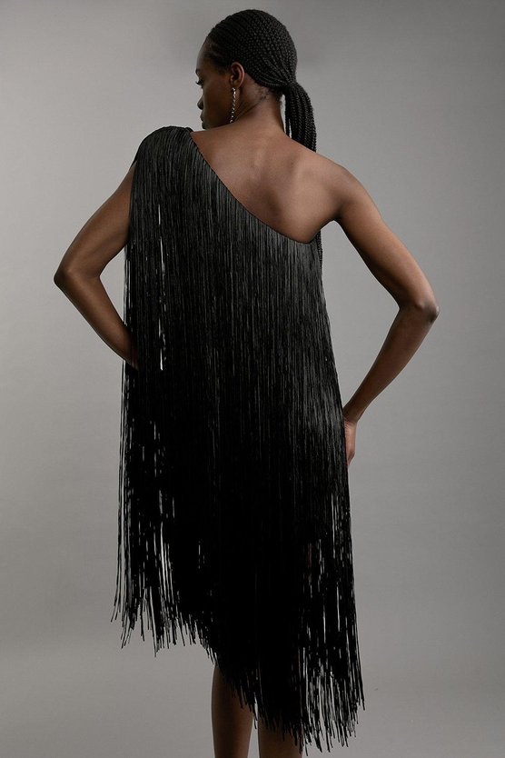 Karen Millen Figure Form Bandage One Shoulder Fringe Mini Knit Dress Black
