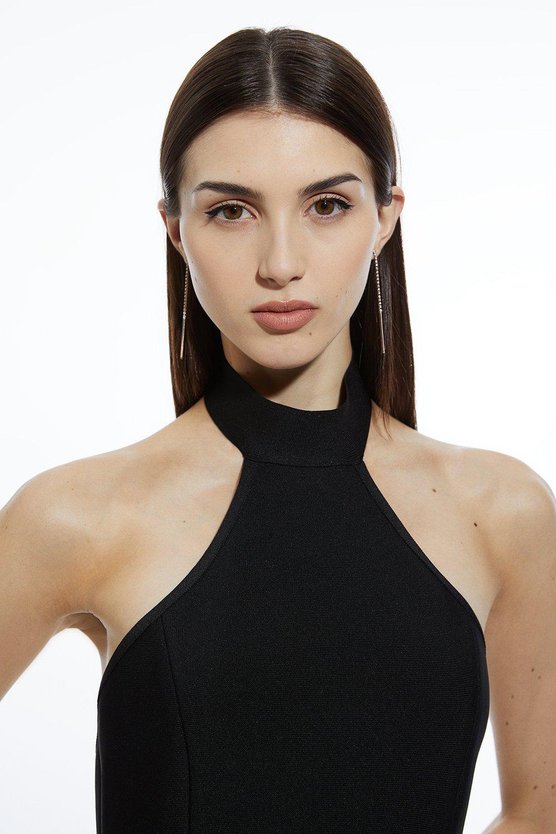 Karen Millen Figure Form Bandage Ruffle Hem Halter Knit Midi Dress Black
