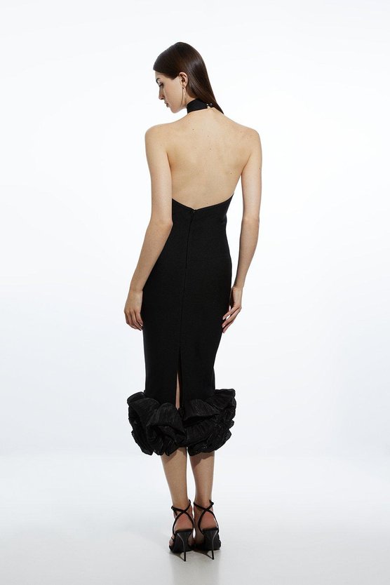 Karen Millen Figure Form Bandage Ruffle Hem Halter Knit Midi Dress Black