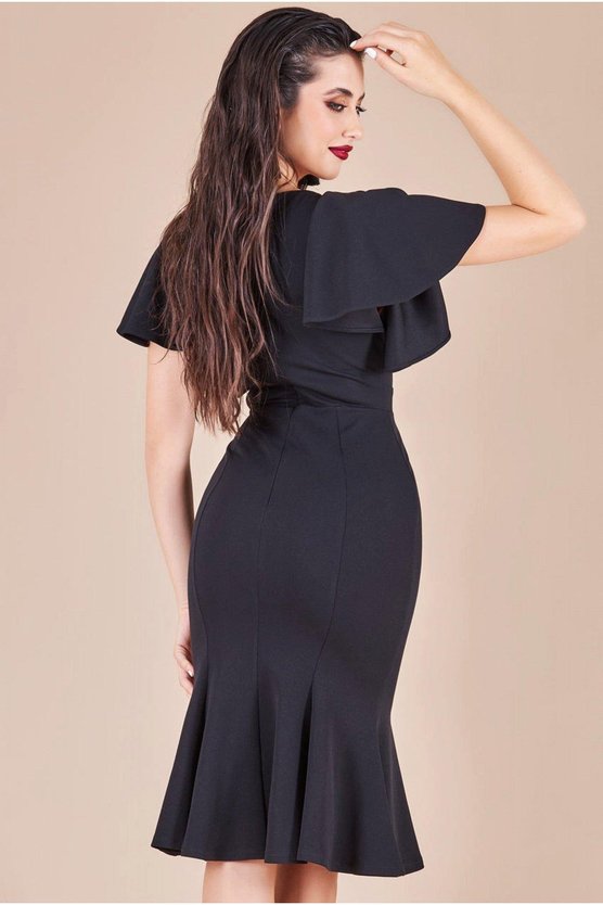 Karen Millen Flared Sleeve Front Wrap Midi Dress Black