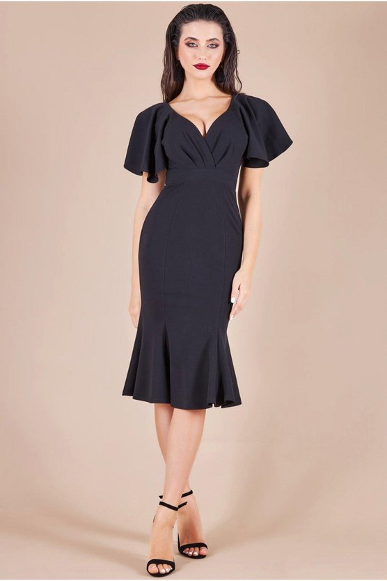 Karen Millen Flared Sleeve Front Wrap Midi Dress Black