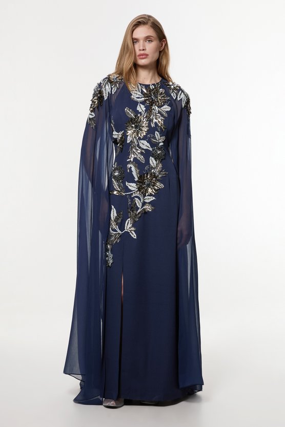 Karen Millen Floral 3D Embellished Drama Cape Sleeve Woven Maxi Dress Navy