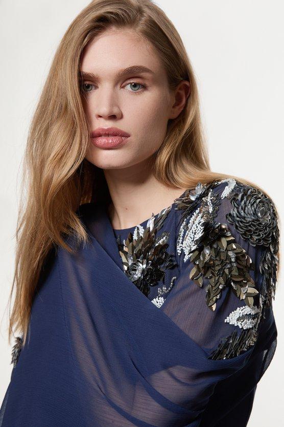 Karen Millen Floral 3D Embellished Drama Cape Sleeve Woven Maxi Dress Navy