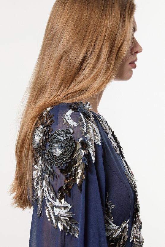 Karen Millen Floral 3D Embellished Drama Cape Sleeve Woven Maxi Dress Navy