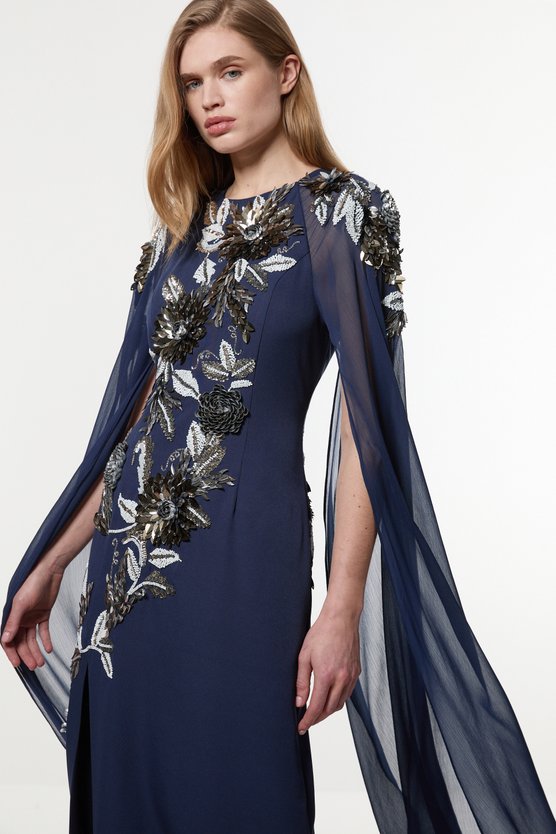 karen millen Floral 3D Embellished Drama Cape Sleeve Woven Maxi Dress navy