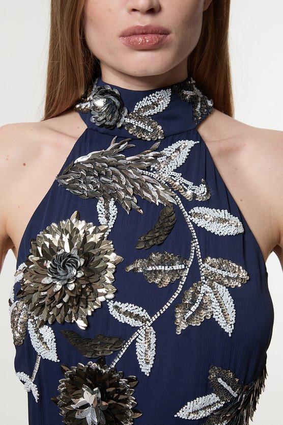 Karen Millen Floral 3D Embellished Halter Tie Neck Woven Maxi Dress Navy