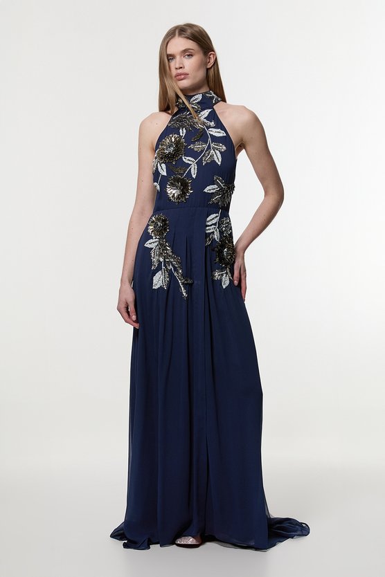karen millen Floral 3D Embellished Halter Tie Neck Woven Maxi Dress navy