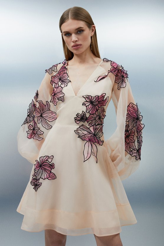 Karen Millen Floral Applique Organdie Woven Balloon Sleeve Mini Dress Blush