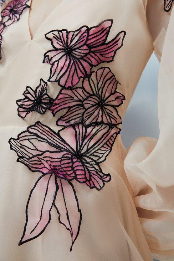 Karen Millen Floral Applique Organdie Woven Balloon Sleeve Mini Dress Blush