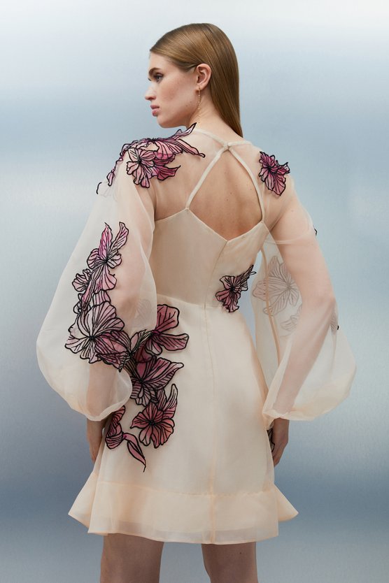 Karen Millen Floral Applique Organdie Woven Balloon Sleeve Mini Dress Blush