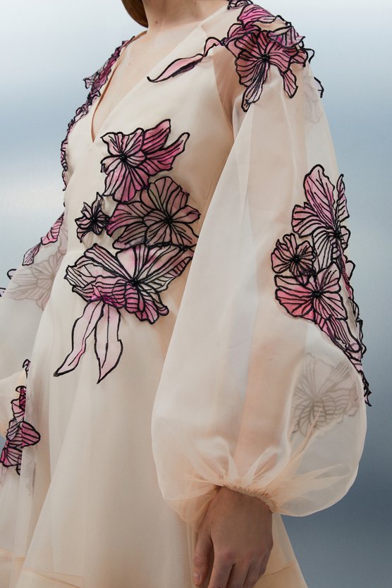 karen millen Floral Applique Organdie Woven Balloon Sleeve Mini Dress blush karen millen Floral Applique Organdie Woven Balloon Sleeve Mini Dress blush