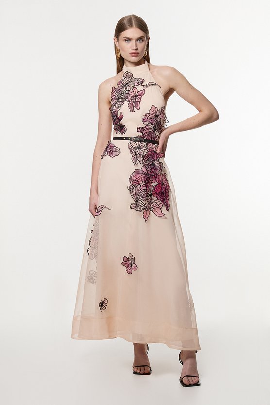 Karen Millen Floral Applique Organdie Woven Halter Neck Maxi Dress Blush