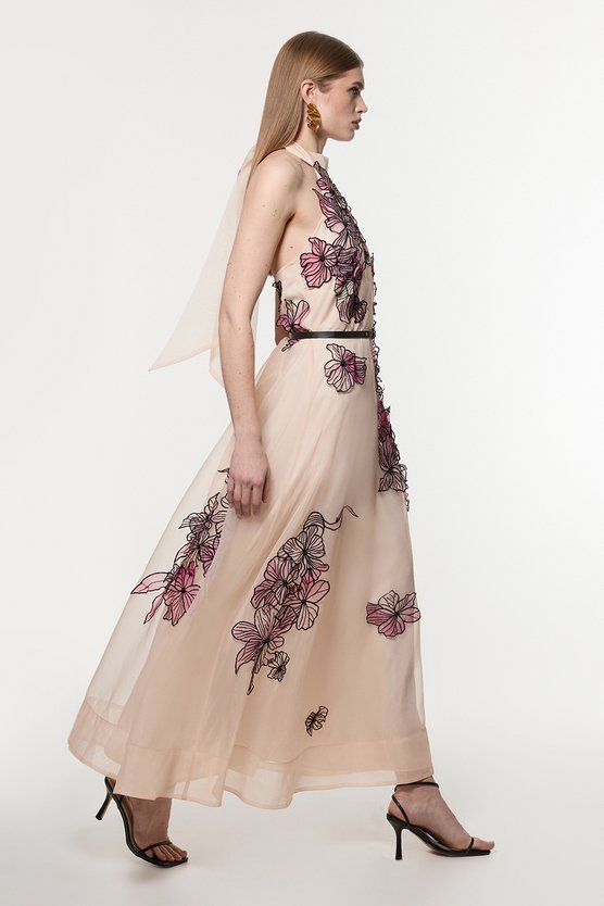 Karen Millen Floral Applique Organdie Woven Halter Neck Maxi Dress Blush