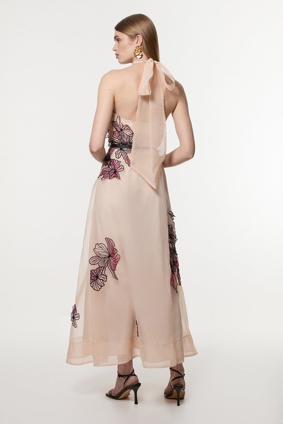 Karen Millen Floral Applique Organdie Woven Halter Neck Maxi Dress Blush