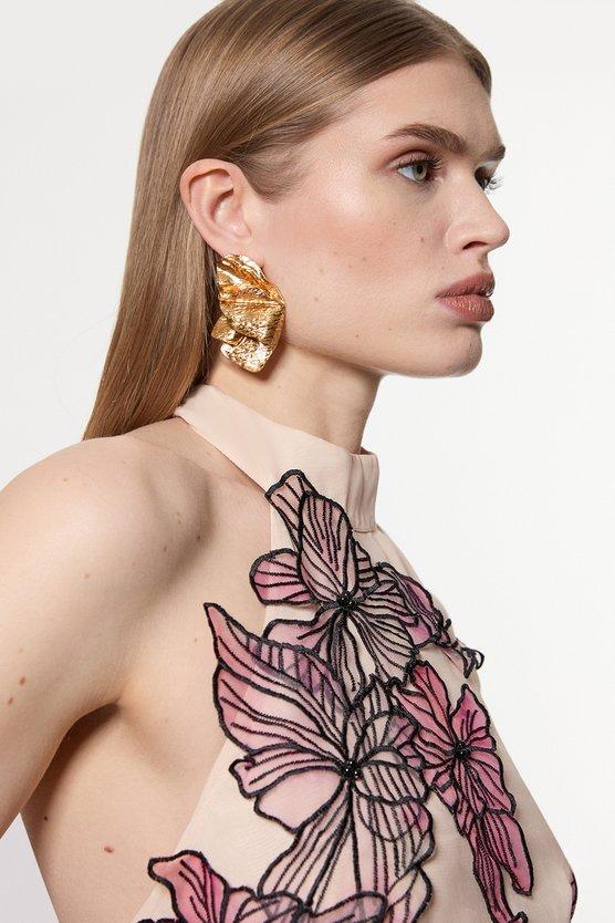 karen millen Floral Applique Organdie Woven Halter Neck Maxi Dress blush