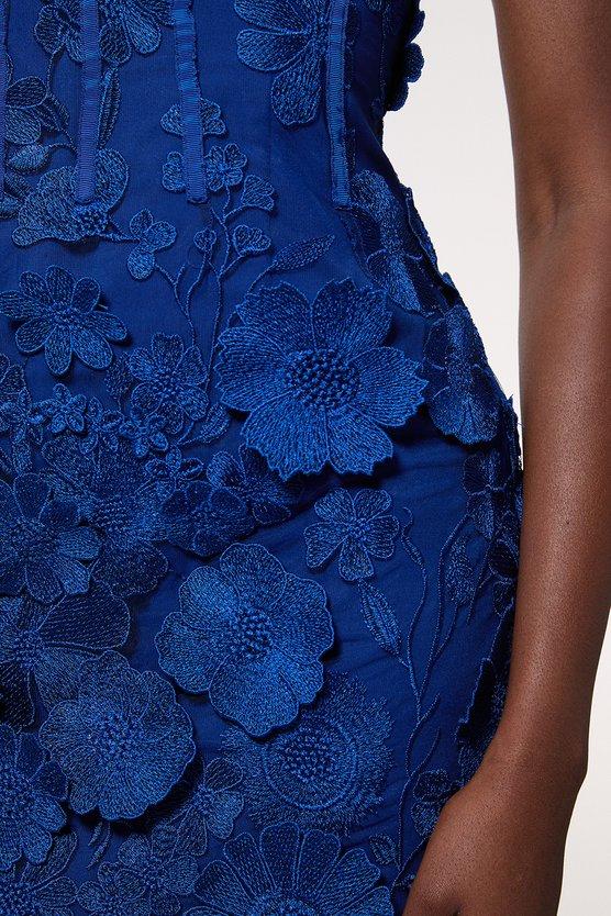 Karen Millen Floral Applique Structured Woven Mini Dress Blue