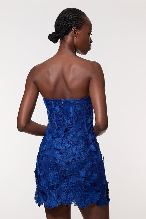 Karen Millen Floral Applique Structured Woven Mini Dress Blue