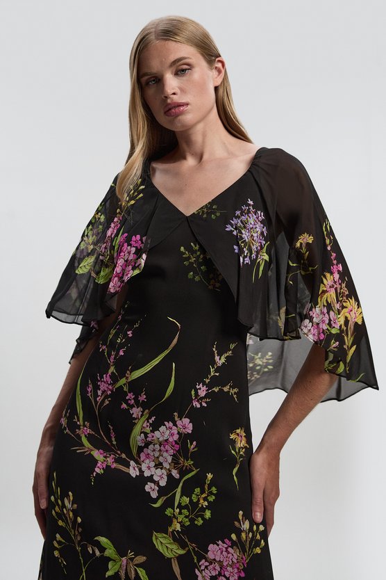Karen Millen Floral Border Print Viscose Woven Cape Sleeve Maxi Dress Floral