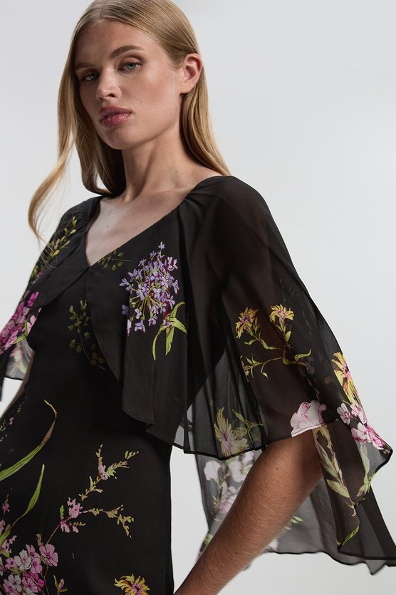 Karen Millen Floral Border Print Viscose Woven Cape Sleeve Maxi Dress Floral