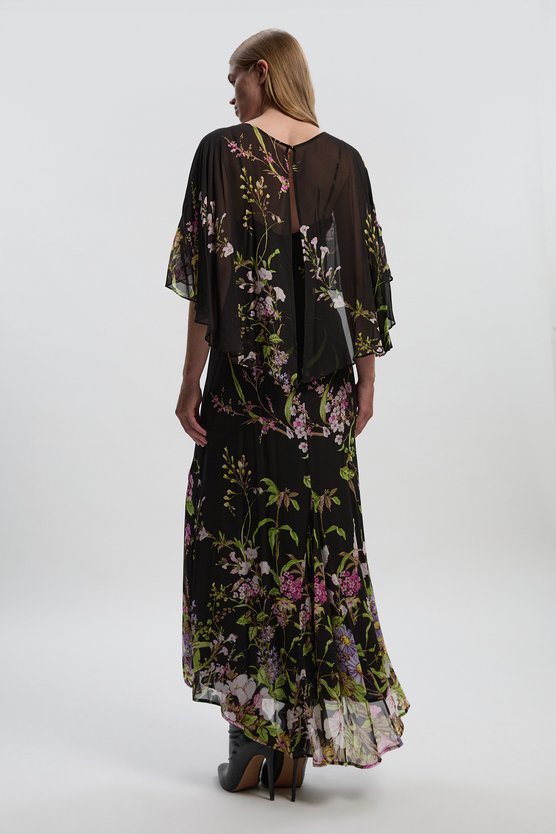 Karen Millen Floral Border Print Viscose Woven Cape Sleeve Maxi Dress Floral