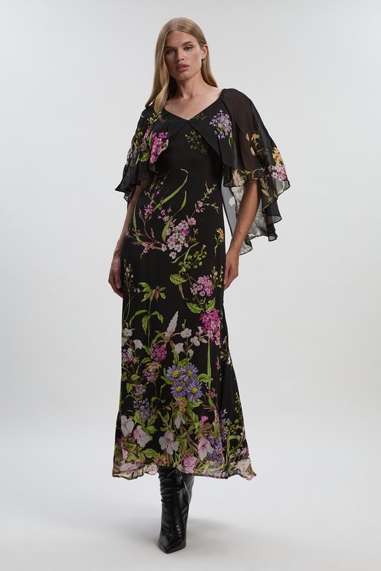 karen millen Floral Border Print Viscose Woven Cape Sleeve Maxi Dress floral