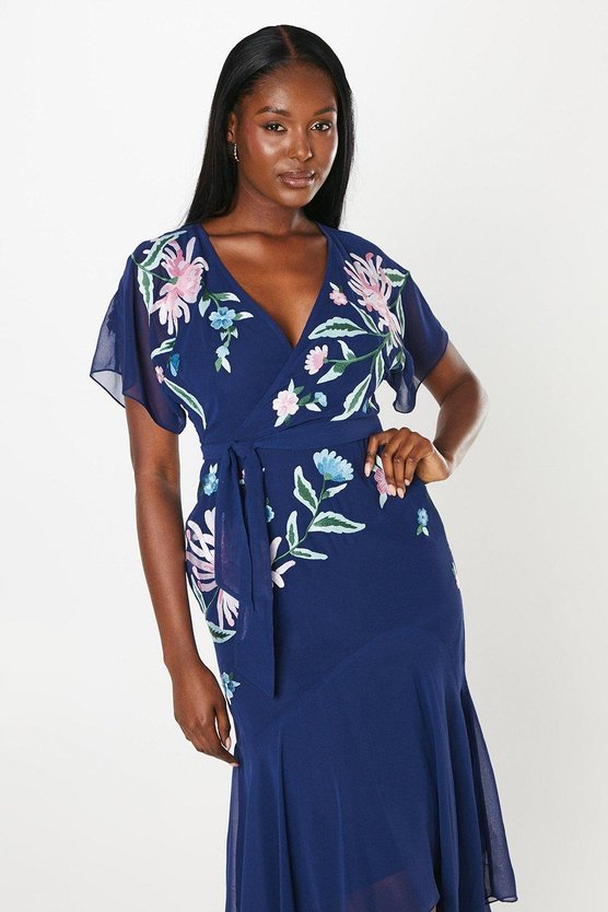 Karen Millen Floral Embroidered Wrap Bodice Dipped Skirt Dress Navy
