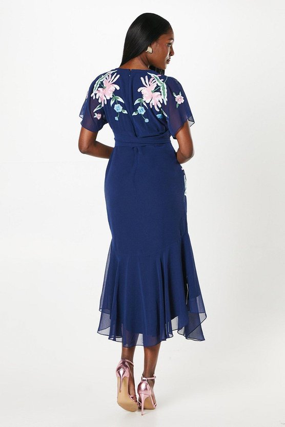 Karen Millen Floral Embroidered Wrap Bodice Dipped Skirt Dress Navy
