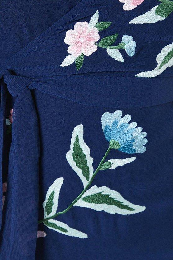 Karen Millen Floral Embroidered Wrap Bodice Dipped Skirt Dress Navy