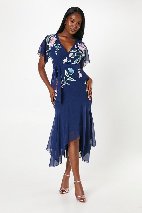 karen millen Floral Embroidered Wrap Bodice Dipped Skirt Dress navy