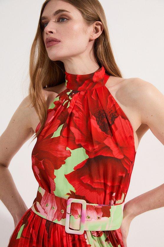 Karen Millen Floral Georgette Halter Neck Pleated Midi Dress Floral