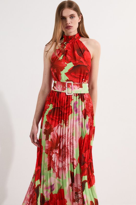 Karen Millen Floral Georgette Halter Neck Pleated Midi Dress Floral