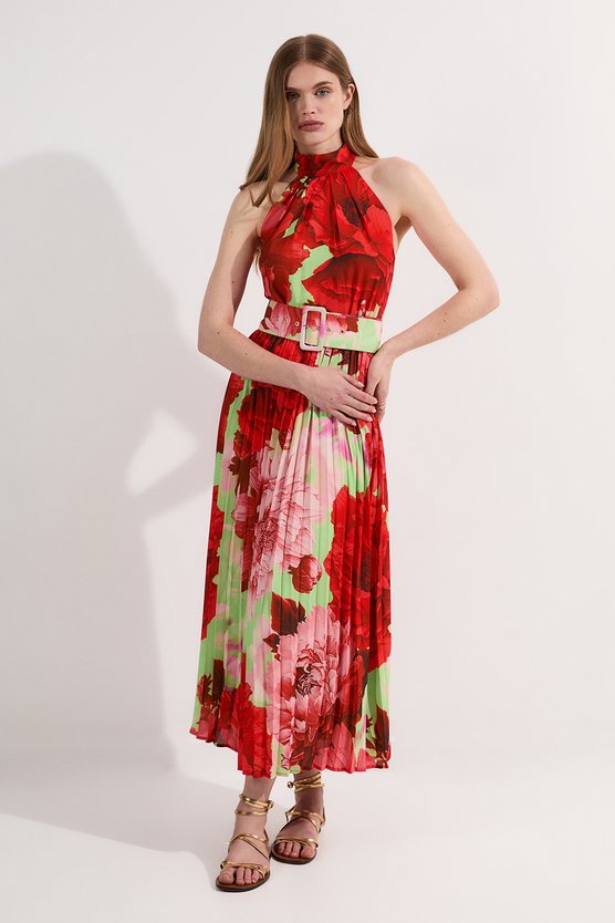 karen millen Floral Georgette Halter Neck Pleated Midi Dress floral