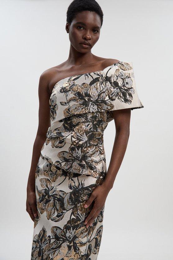 Karen Millen Floral Jacquard Asymmetric Neck Pencil Dress Mono