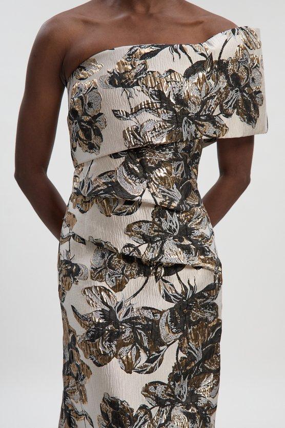 Karen Millen Floral Jacquard Asymmetric Neck Pencil Dress Mono