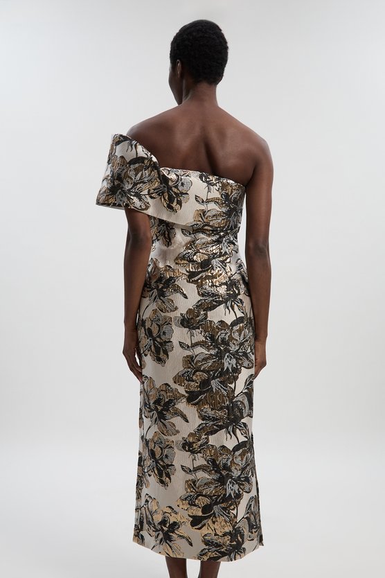 Karen Millen Floral Jacquard Asymmetric Neck Pencil Dress Mono