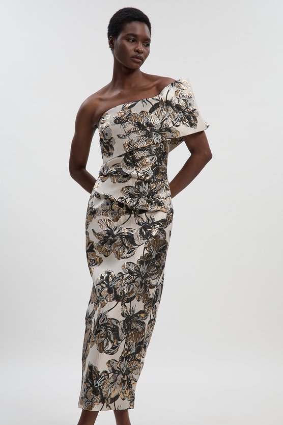 karen millen Floral Jacquard Asymmetric Neck Pencil Dress mono