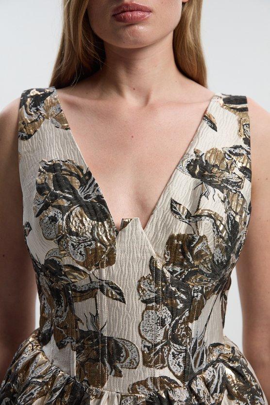 Karen Millen Floral Jacquard Plunge Corset Pencil Midi Dress Mono
