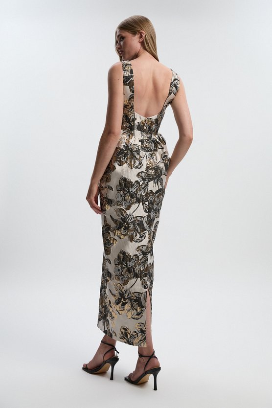 Karen Millen Floral Jacquard Plunge Corset Pencil Midi Dress Mono