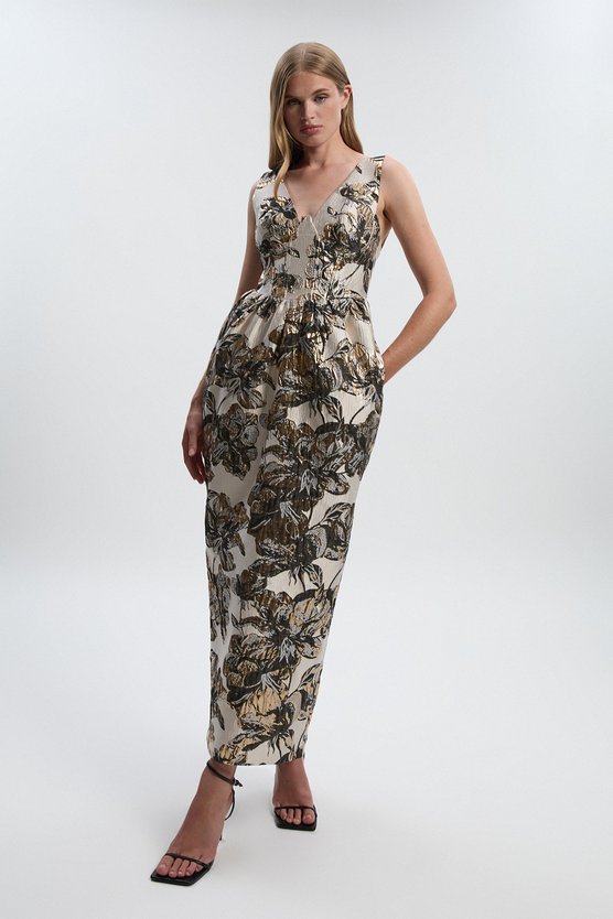 karen millen Floral Jacquard Plunge Corset Pencil Midi Dress mono