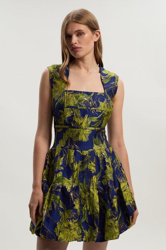 karen millen Floral Jacquard Tailored Puff Mini Dress multi