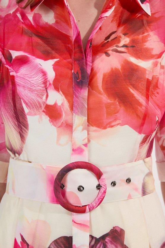 Karen Millen Floral Organdie Woven Midi Shirt Dress Floral