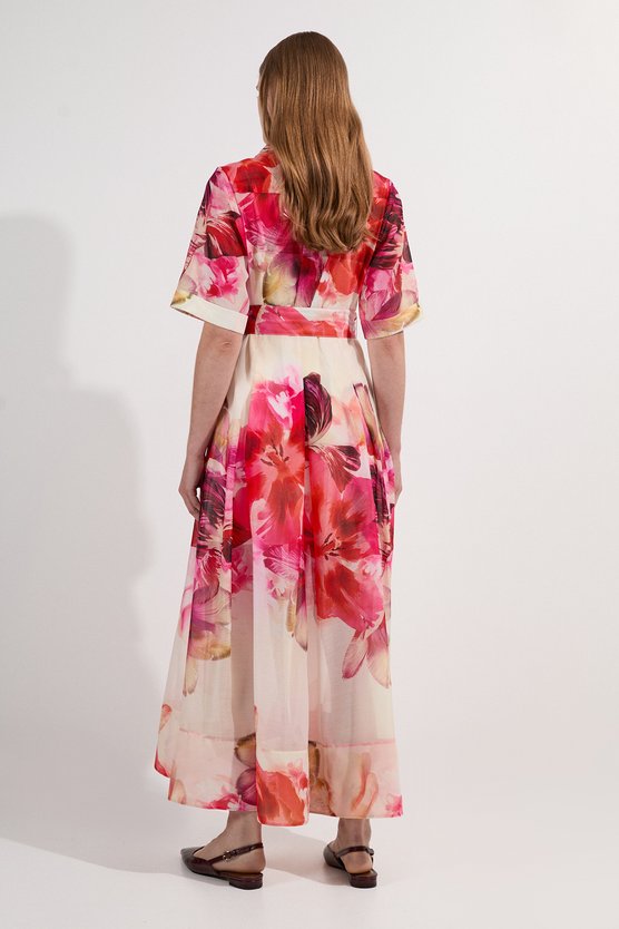 Karen Millen Floral Organdie Woven Midi Shirt Dress Floral