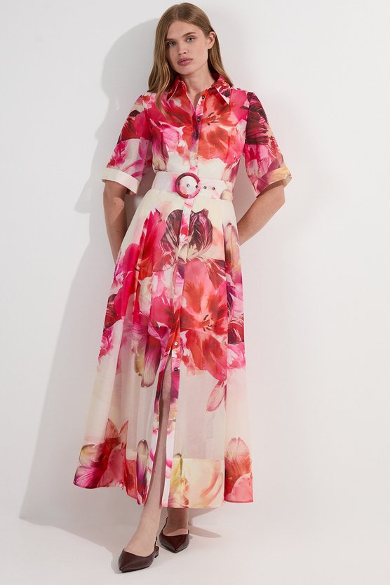 karen millen Floral Organdie Woven Midi Shirt Dress floral