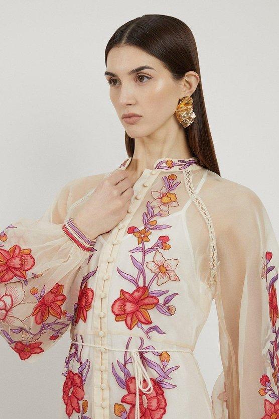 Karen Millen Floral Placed Embroidery Organdie Woven Midi Dress Blush