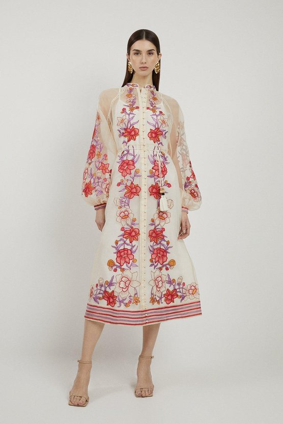 karen millen Floral Placed Embroidery Organdie Woven Midi Dress blush