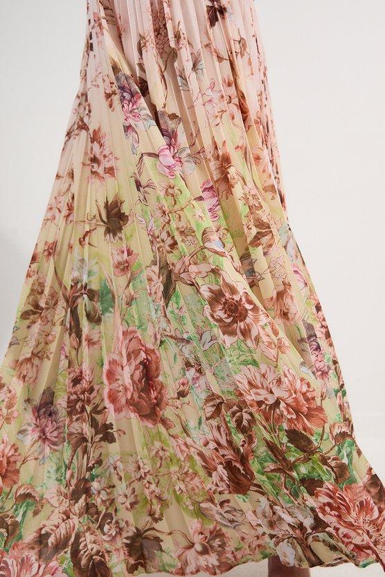 Karen Millen Floral Pleated Crinkle Cut Out Woven Maxi Dress Ivory