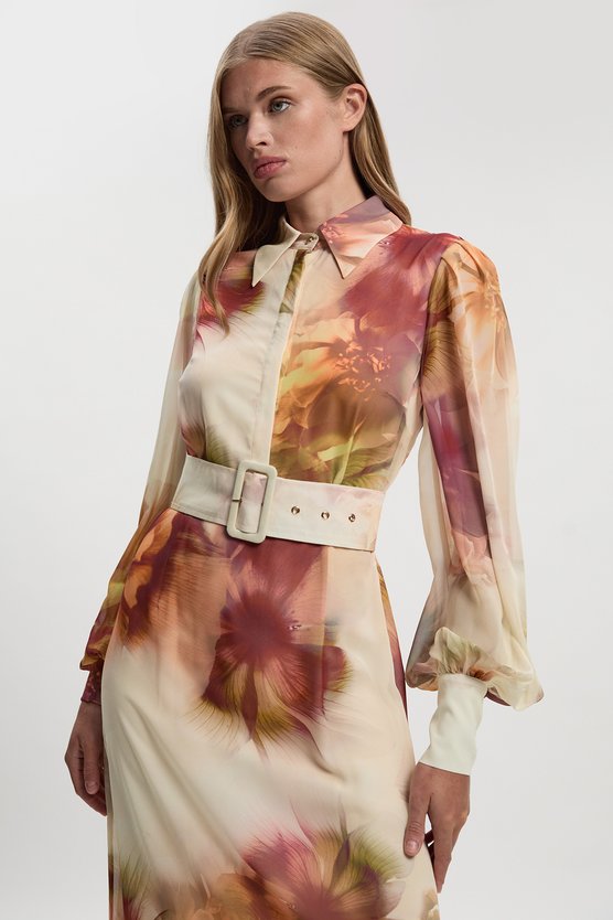 Karen Millen Floral Print Georgette Belted Woven Shirt Dress Floral