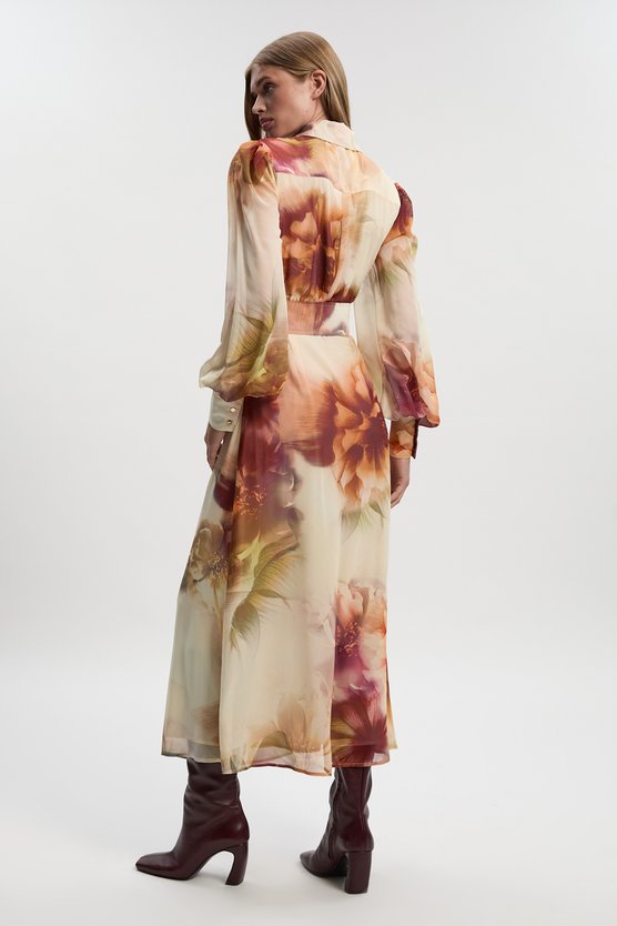 Karen Millen Floral Print Georgette Belted Woven Shirt Dress Floral